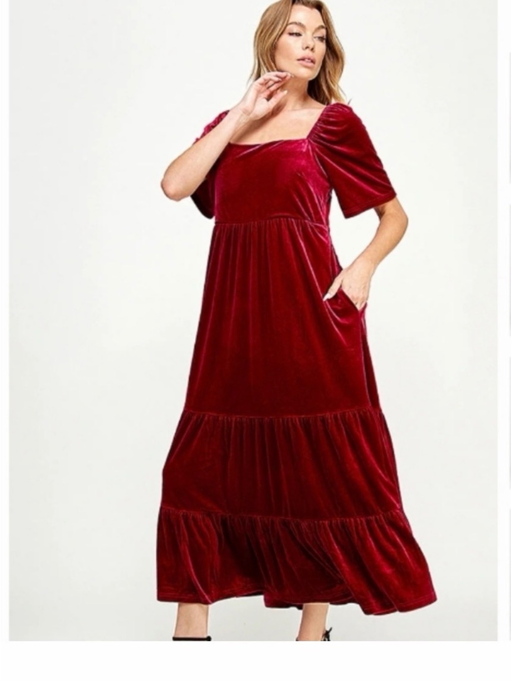 See And Be Seen Burgundy Velvet Tiered MIDI Dress